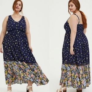Torrid Navy Mixed Floral Challis Button Maxi Dress